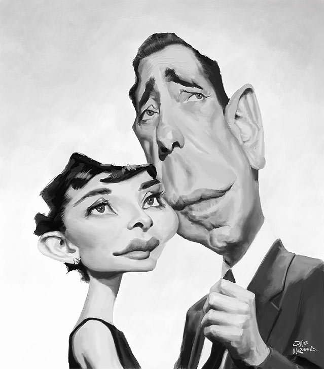 Caricatura de Audrey Hepburn y Humphrey Bogart en Sabrina