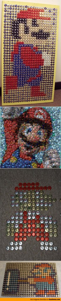 Mario Bros hecho con chapas y tapas de botellas
