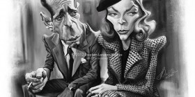 Caricatura de Lauren Bacall y Humphrey Bogart