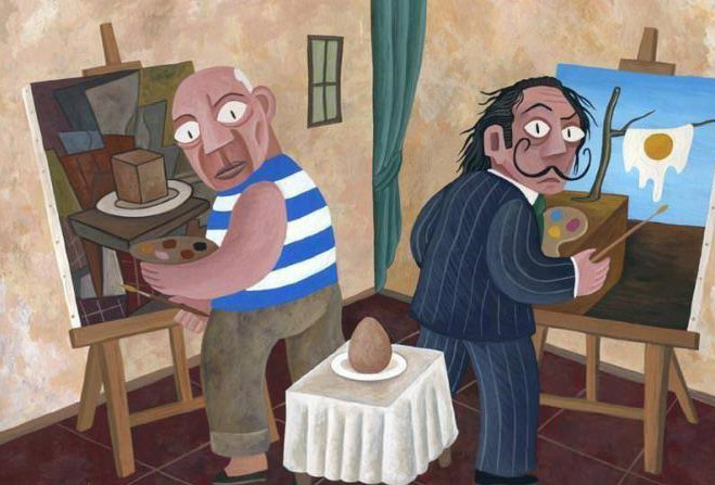 Picasso y Dalí pintando un huevo