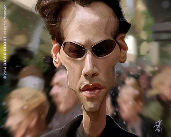 Caricatura de Keanu Reeves en Matrix