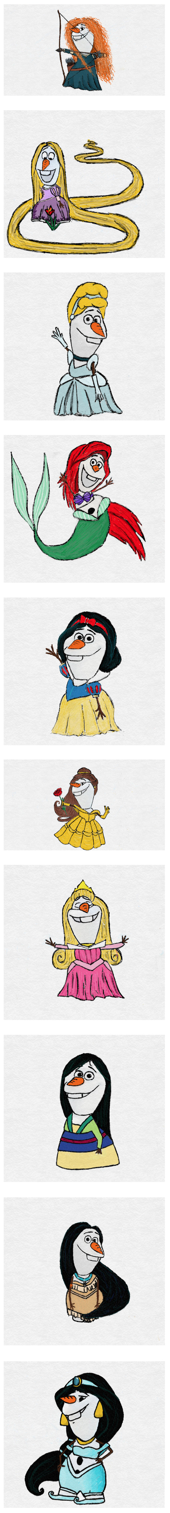 Olaf como princesas de Disney